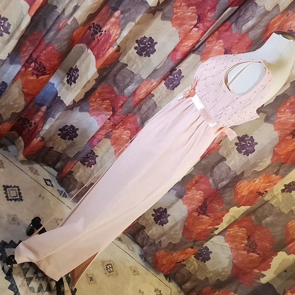Vintage Pale Pink Blush Beaded Scoop Neck Empire Waist Dress - Picture 6 of 11
